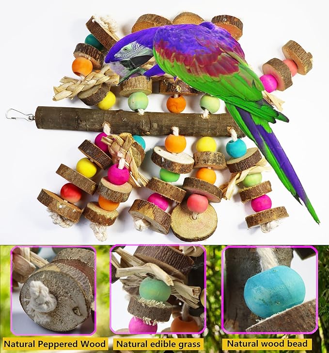 Bird Toys, Parrot Toys Natural Peppered Wood Bird Chew Toys for Small and Medium-Sized Parakeet,Cockatiel,Conures,Lovebirds Macaws,African Grey,Cockatoos,Amazon Parrots,Aviary Hanging Toys