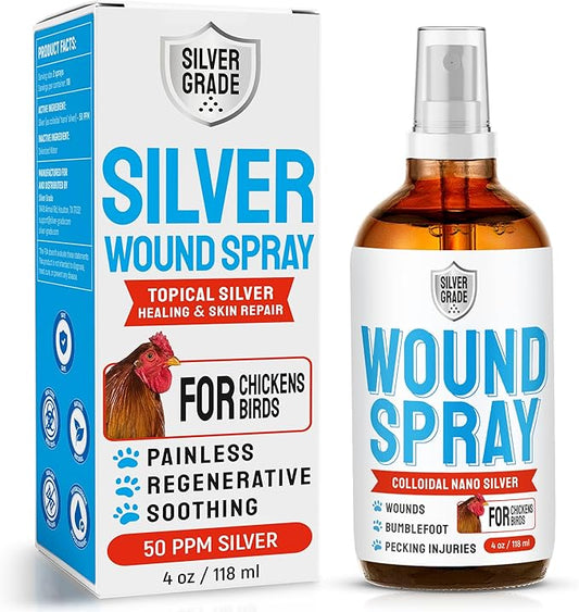 SILVER GRADE Wound Spray for Chicken – Birds & Chicken Antibiotics Alternative to Help with Pecking Sores, Bumblefoot, Cuts – Poultry Spray with Silver – GMOs Free – 4-Oz Bottle