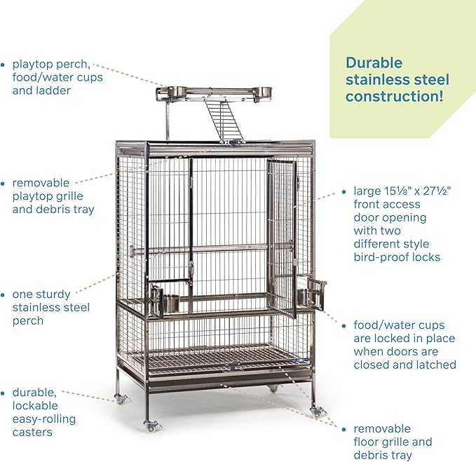 Prevue Pet Products Large Stainless Steel Play Top Bird Cage, Rust Resistant Metal Cage for Birds with Rooftop Ladder and Playtop