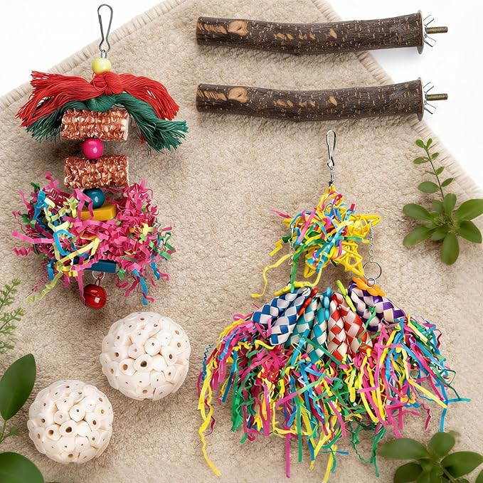 6-in-1 Bird Toy, 2 Natural Wood Stands, 1 Hanging Foraging Shredder Toys with Colorful Paper, 2 Soft Sola Balls for Chewing | Cage Accessories for Parakeets, Cockatiels, Lovebird(PET-ONLY USE)