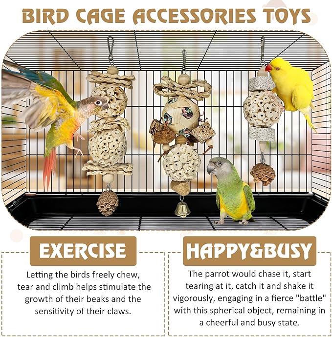 BNOSDM Hanging Bird Toy Sola Balls 3PCS Parrot Shredder Balls Natural Parakeet Foraging Toy Wood Bird Cage Chew Toys for Cockatiel, Budgie, Sun Conure, Quakers, Lovebirds (A)