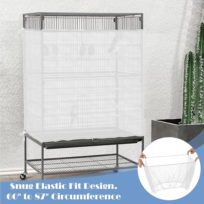 Trinkrittey Large Bird Cage Seed Catcher, 31 x 118 inches Adjustable Large Bird Cage Cover Elastic Band Mesh Cages Cover Skirt Nylon Mesh for Parakeet Parrot Cages