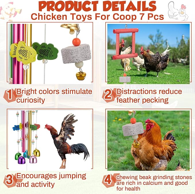 VioraWhite 7 Pcs Chicken Toys, Hanging Chicken Wind Chime, 2 Pcs Coop Mirror Toys with Bells 4 Pack Beak Grinding Stones, Musical Coop Accessories for Hen Rooster Chick Poultry Bird (Rose Red, Yellow)