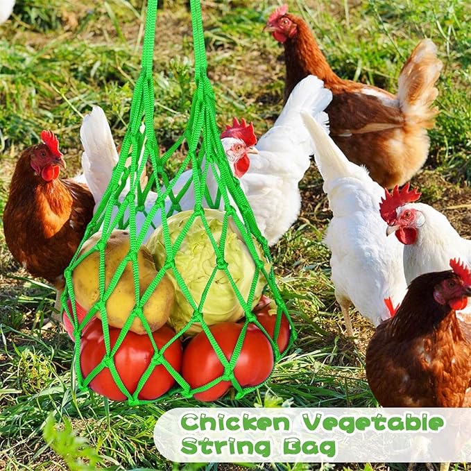 Chicken Vegetable Hanging Feeder, Chicken Vegetable String Bag, Poultry Fruit Holder Chicken Cabbage Feeder Treat Feeding Tool with S Hook for Hens Chicken Coop Toy for Hen Duck Accessories