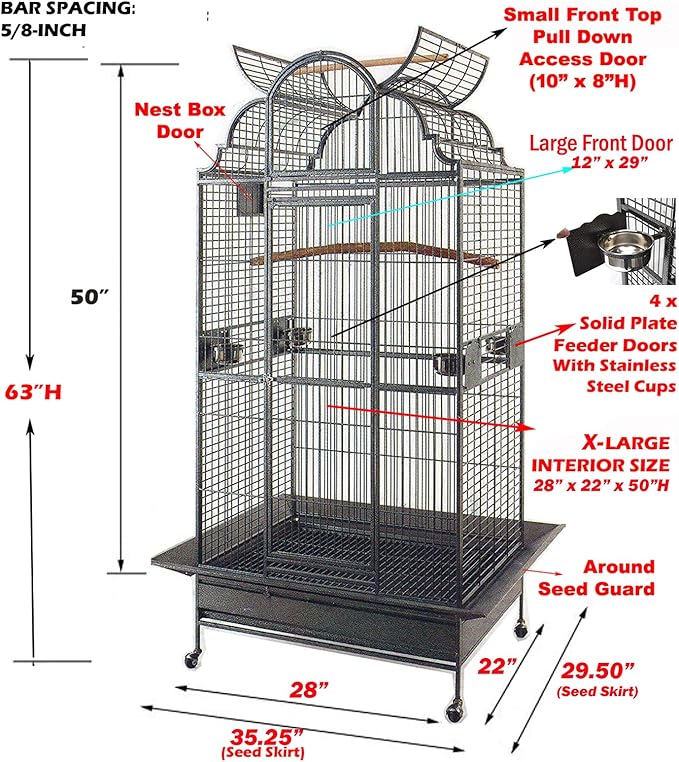 X-Large Elegant and Durable Wrought Iron Open/Close Play Top Bird Parrot Cage with Metal Seed Guard, Solid Metal Feeder, Nest Doors, Heavy Duty Lockable Rolling Castors
