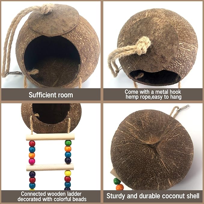 Hanging Coconut Birds House with Ladder,Natural Coconut Fiber Shell Bird Nest for Parrot Parakeet Lovebird Finch Canary,Coconut Hide Birds Swing Toys for Hamster,Bird Cage Accessories,Pet Bird Supply