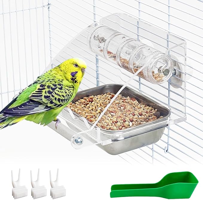 BNOSDM Bird Feeder for Cage with Rotating Foraging Toy No Mess Acrylic Hanging Food & Water Dispenser with Stainless Steel Bowl & Anti-Slip Perch Stand for Parrot, Budgie, Parakeet, Lovebird, Canary
