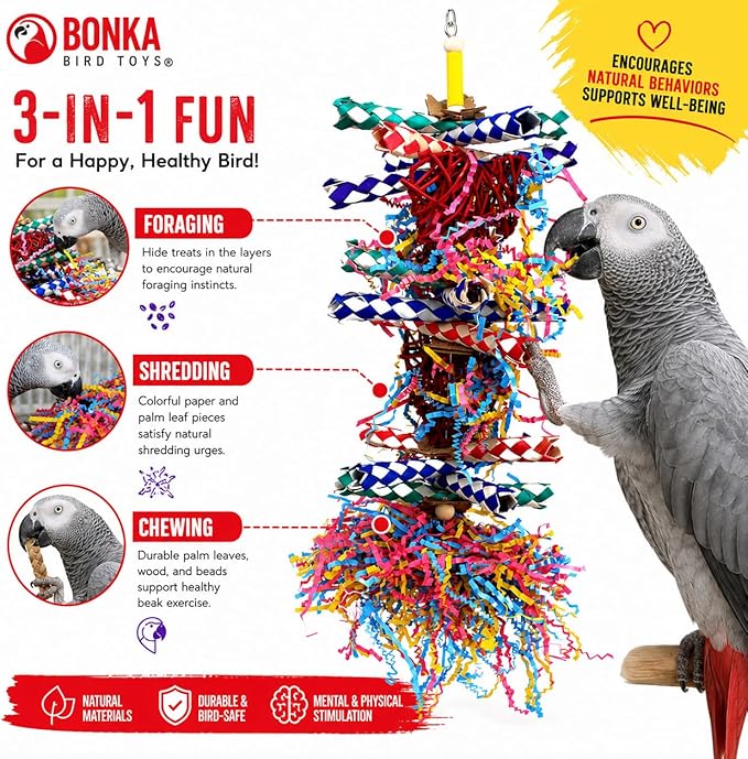 Bonka Bird Toys 1042 Huo Foraging Hearts Bird Toy for Medium Large Birds Interactive Shredding and Chewing Cage Toy Colorful Palm Leaf and Paper Enrichment Toy 12.5"