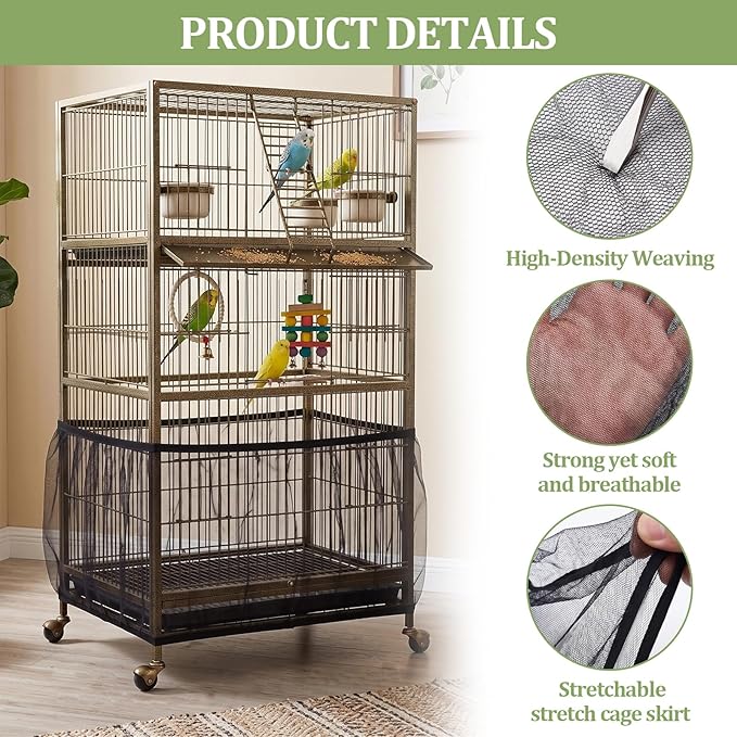 Bird Cage Cover,Bird Cage Seed Catcher,Durable Airy Nylon Mesh Net, Adjustable Birdcage Cover Skirt Seed Guard for Parrot Cockatiel Parakeet Pigeon Big Round Square Cages(Black)