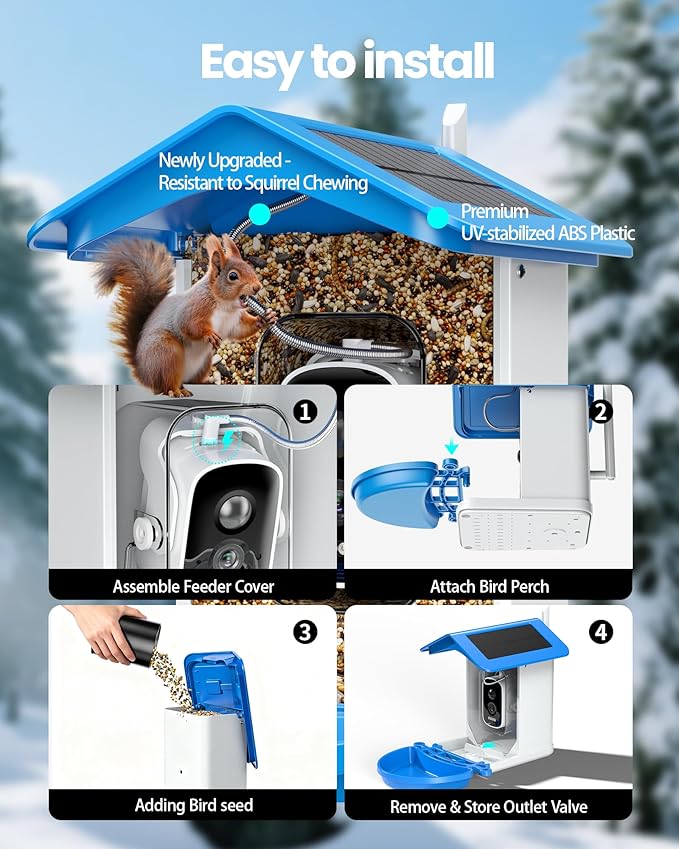 Smart Bird Feeder with Camera 2.5K QHD, AI Identify 16000+ Birds, Auto-Capture & Motion Detection, IP65 Waterproof, 5W Solar Panel, 140° Field of View, Bird Watching Gift