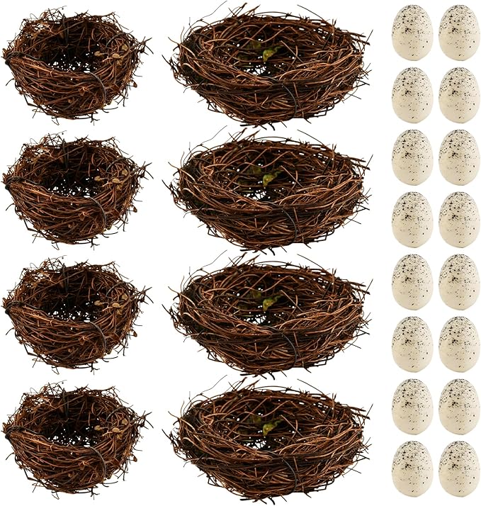 Bird Nest Decor for Crafts, 24-Piece Set with 8 Rattan Nests (2.36/3.15 in Dia) and 16 Faux Eggs (About 1.18 in L), Brown Tan for Wreaths Centerpieces Shelves
