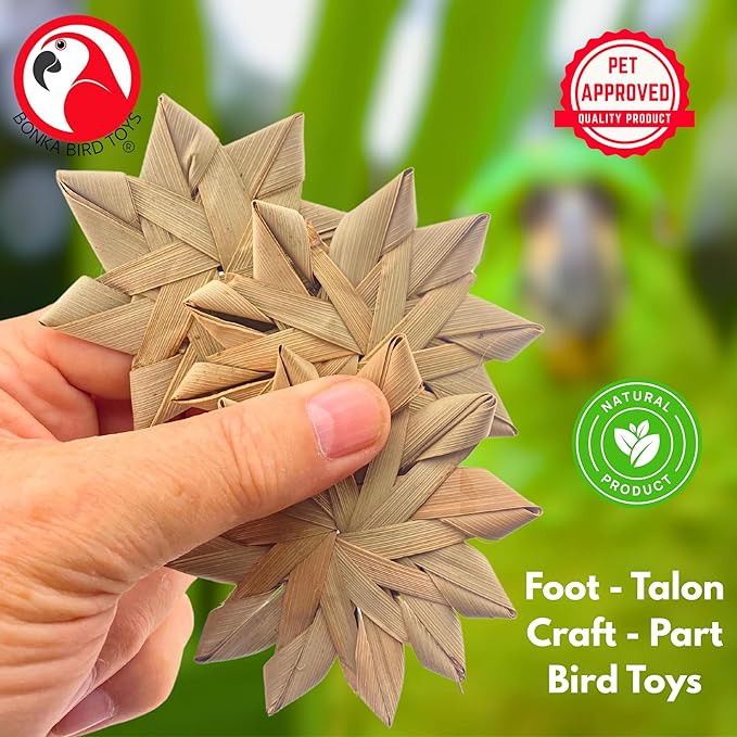 Bonka Bird Toys 1271 Pack of 3 Woven Palm Leaf Flowers 3" Natural Chew Shred Foot Toy for Extra Small to Medium Birds Parakeets Cockatiels Conures Senegals Amazons