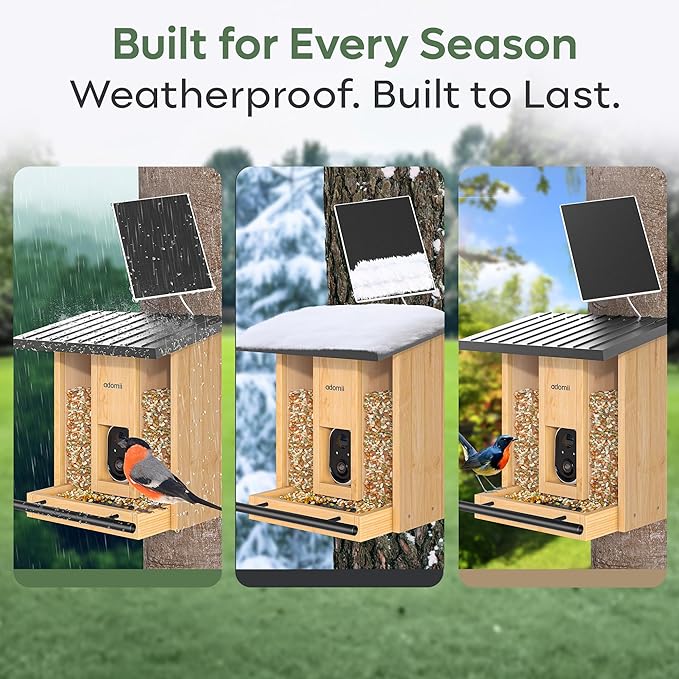 Adomii Bird Feeder with Camera, 2.4L Solar Powered Birdfeeder with AI Bird Identification & Alerts, Squirrel-Proof & Weatherproof, Adomii Window Bird Feeder with Double Bin, 1080p HD Live Camera