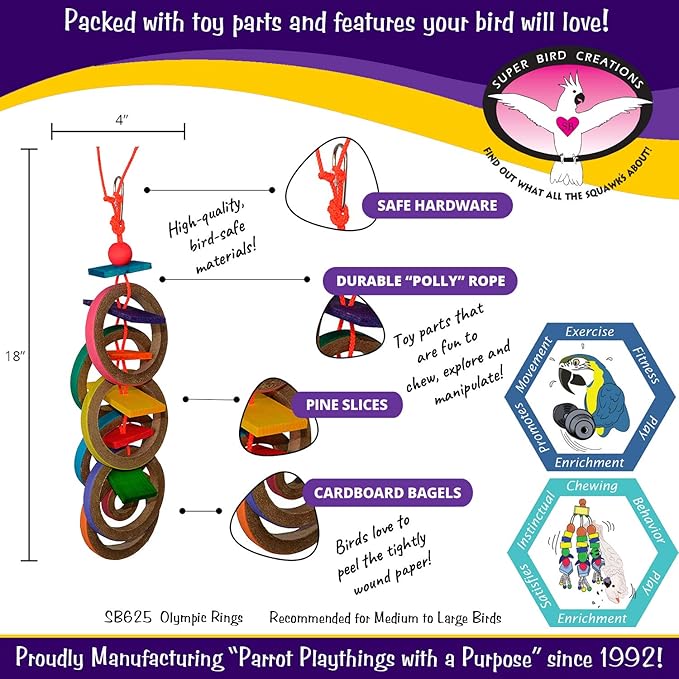 Super Bird Creations SB625 Olympic Rings Bird Toy, Large Bird Size, 15” x 4” x 4”