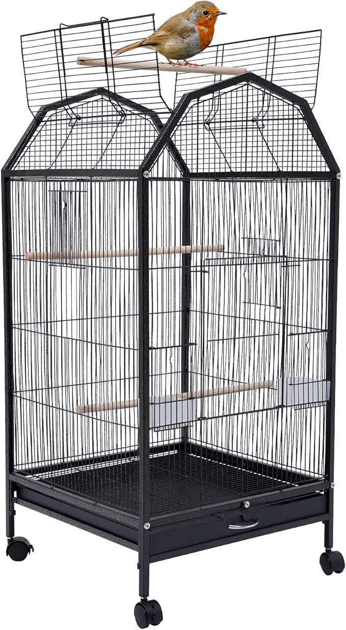 17.9 x 17.9 x 39.9 Metal Bird Flight Cage, 360° Full Hollow Parakeet Bird Cage with Stand Large Finch Bird Cage for Conure Canary Parekette Macaw Finch Cockatoo Budgie Parrot Pet House