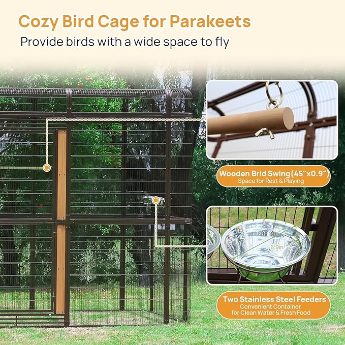 87-inch Outdoor Large Walk-in Cage Heavy Duty Bird Cage Carbon Crystal Board Aviary Parrot Cage Wide Flight Metal Birdcage for Macaw Budgie Conure Lovebird Parakeet Cockatiel, 7.22x5.25x6.8ft, Brown