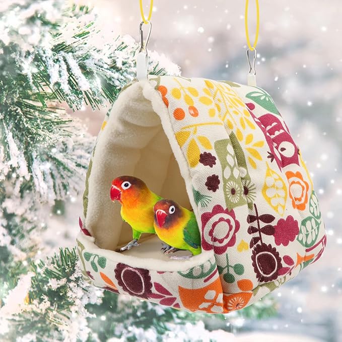 Hypeety Bird Hanging Hammock Nest Parrot Winter Warm Nest House Comfortable Plush Bird Bed for Cage Winter Bird Hideaway Hut for Cockatiels Budgies Parakeets Lovebirds Conures Hamsters (Flower)