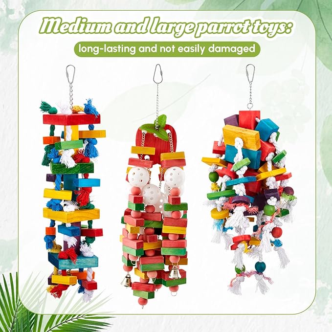Seenelling 3 Pcs Extra Large Bird Parrot Toy Multicolored Natural Wooden Parrot Cage Chewing Toys for Large Medium Macaws Cockatoos African Grey Birds (Block and Rope)