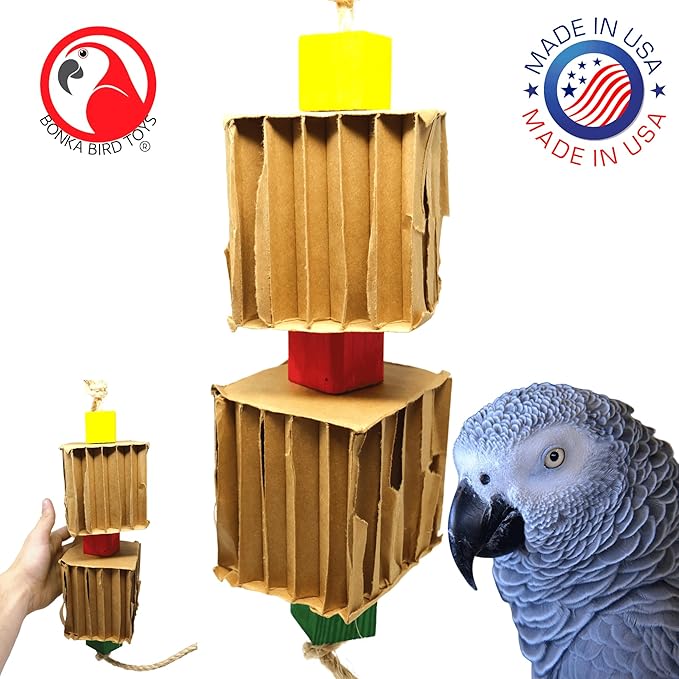 Bonka Bird Toys 3748 Big Duo Blocks N Cube Wood Hanging Chew Toy 12" Natural Hardwood and Rope for Medium to Large Parrots Cage Enrichment and Beak Conditioning