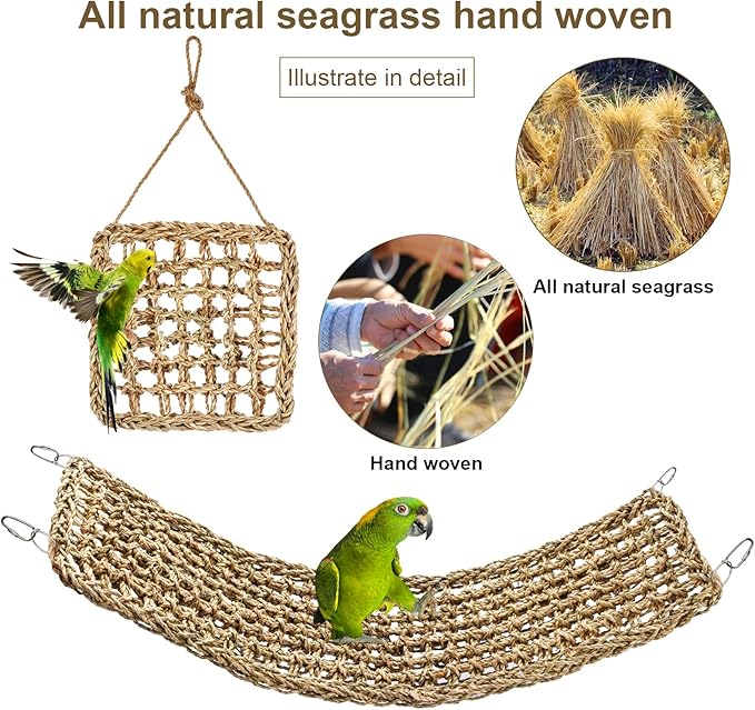 2Pcs Natural Sea Grass Parrot Mat - Foraging Chew Wall Toy with Climbing Rope & Hook, Hanging Play Pad for Lovebirds/Cockatoos/Budgerigars/Conures/Pigeons | 2 Sizes29.53x6.89 &7.48x7.48 Inches