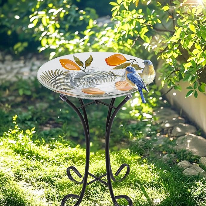 MUMTOP Outdoor Glass Birdbath with Metal Stand for Outside Yard Garden Decor, 18 inch Diameter Lemon Tropical Decorative Bird Baths Bowl for Outdoors, 21.65 inch Height