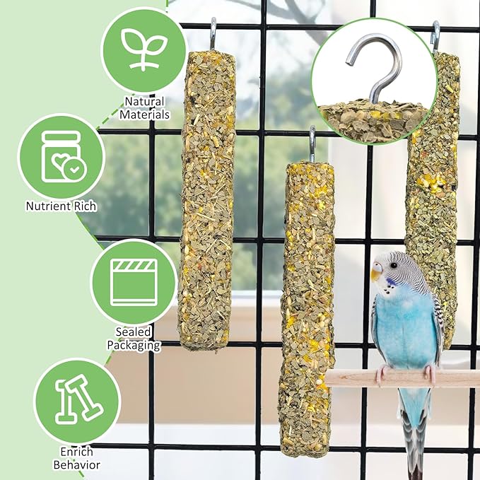 Fhiny 2 PCS Parakeet Treats, Natural Cockatiel Food Eucalyptus Leaves Mixed Grains Parrot Snack Sticks Bird Treats for Budgerigars Lovebirds Canaries Conurus Finches