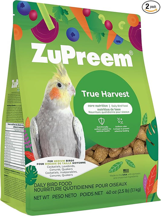 ZuPreem True Harvest Cockatiel Pellets - Natural Bird Food for Cockatiels, Medium Bird Pellet Diet for Quakers, Lovebirds, Small Conures, 2.5 lb (Pack of 2)