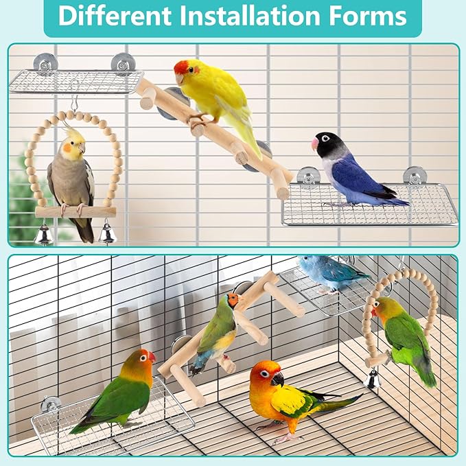 DBNESS 4Pcs Bird Perches Toys, Stainless Steel Perch Platform (2 Sizes), Natural Wood Parrot Climbing Ladder & Swing with Bell, Play Gym Cage Accessories for Budgie Cockatiel Lovebird Canary Conure