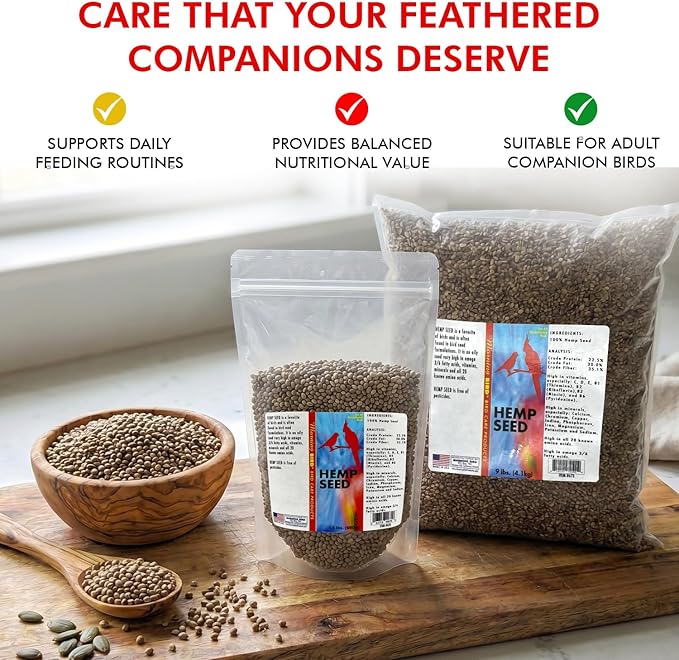 Morning Bird Hemp Seeds 9 lbs– High in Natural Protein, Healthy Fats, Omega 3 and 6 Fatty Acids, Delicious Natural Flavor, Supports Feather Growth & Overall Health