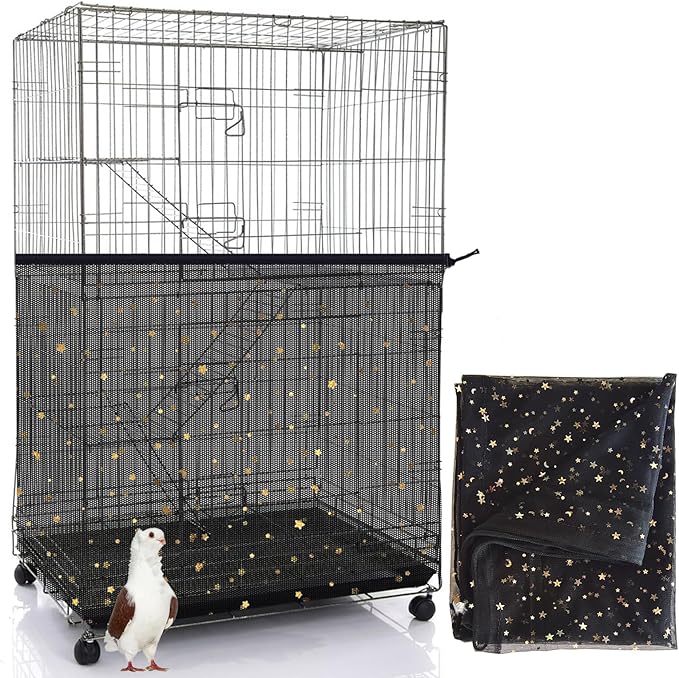 Bird Cage Seed Catcher, 60-118'' Large Bird Cages Cover, 31.5'' H Adjustable Nylon Bird Cage Mesh Net, Soft Airy Bird Cage Skirt Guard Accessories for Parrot Parakeet Macaw (Black)