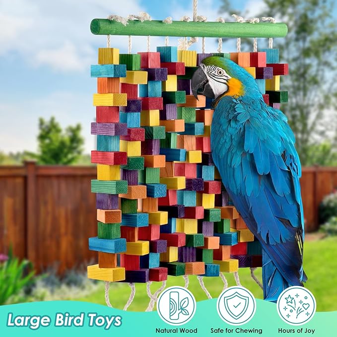DBNESS Large Bird Toy, 20in Parrot Toys for Cage, Multicolored Natural Chew Wooden Blocks for Medium to Large Macaws, Amazon, African Grey, Cockatoos