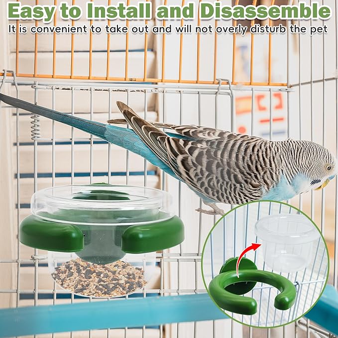 PINVNBY 4 PCS Bird Food Bowl Bird Cage Feeder with Clamp, Easy to Install Feeding Dish Cups Transparency Parakeet Food Dish for Finches Lovebirds and Long-Tailed Parrots （Green）