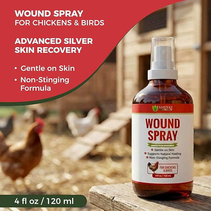 SHEVAT VITAMINS Silver Wound Spray for Chickens & Birds – Gentle Skin Relief for Scrapes, Cuts, Rashes & Irritation – Non-Stinging, Alcohol-Free, Safe for Feathers & Skin – 120ml (4oz)