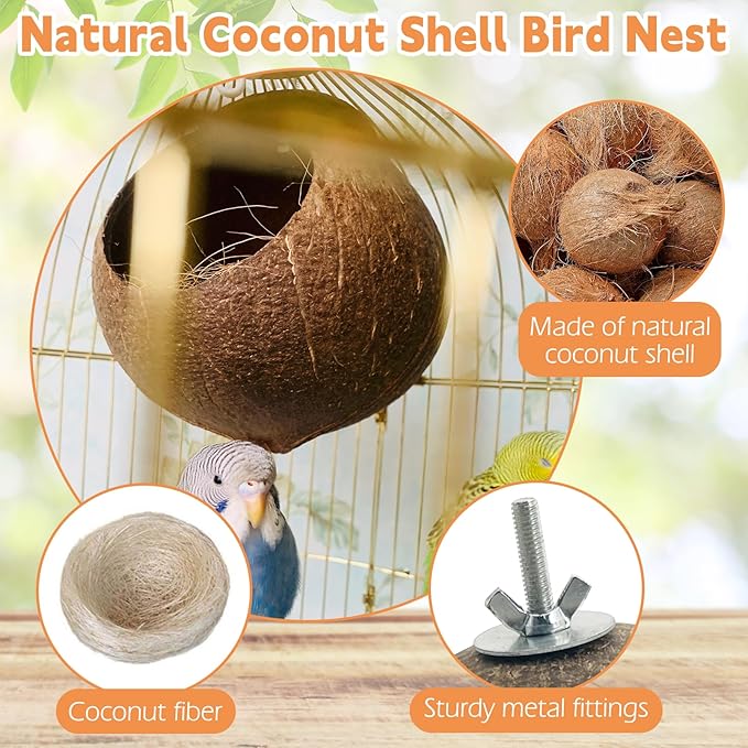 Coconut Bird Nest for Cage Natural Coconut Shell Birds House 2 Pack Parakeet Small Coconut Hide Breeding Hut Bird Cage Accessories for Parrot Lovebirds Budgies Cockatiel Conure Finch Canary