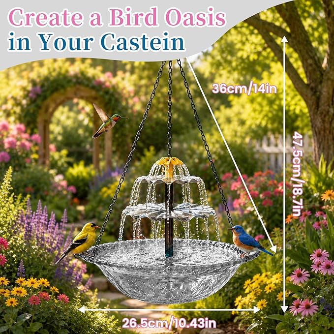 Solar Cascade Hanging Bird Bath Fountain, Large Plastic Bowl with Hanging Chain for Outside Garden Patio and Yard Decor (Gray)
