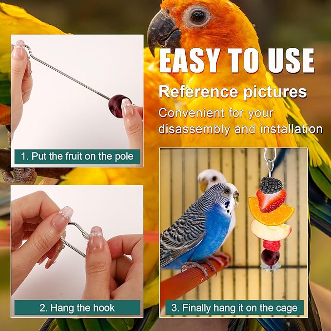 2pcs Bird Cage Food Holder, Stainless Steel Parrot Fruit Skewer with Hook Bird Fruit Feeder Bird Supplies Foraging Toys for Macaw Parakeet Parrot Budgie