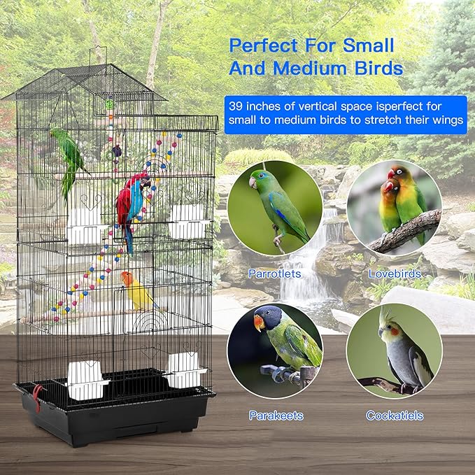 BestPet 39 inch Roof Top Large Flight Parrot Bird Cage Accessories Medium Roof Top Large Flight Cage Parakeet Cage for Small Cockatiel Canary Parakeet Sun Parakeet Pet Toy (Black)