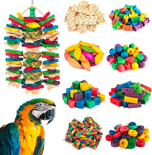 Shappy Large Bird Toy Making Kit, 228 Pcs DIY Parrot Toys Supplies, Natural Wood Chewing Blocks Beads Rope Bell Set for Macaw, Cockatiel, African Grey, Parakeet Cage Enrichment