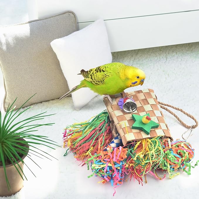Bissap Bird Chew Toys, Parrot Foraging Shredder Natural Palm Frond Hanging Cage Toy for Conure Lovebird Budgie Cockatiel African Gray Cockatoos Amazon and Similar Sized Pet Birds - Flat Square