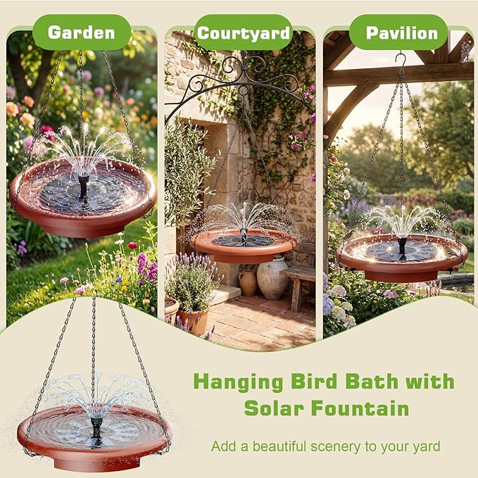 AISITIN 15" Hanging Bird Bath with Solar Fountain, Outdoor Hanging Bird Bath Bowl with 3-Tier Steps, Solar Powered Water Fountain for Bird Bath, Feeder, Drinking, Garden Patio Lawn Backyard
