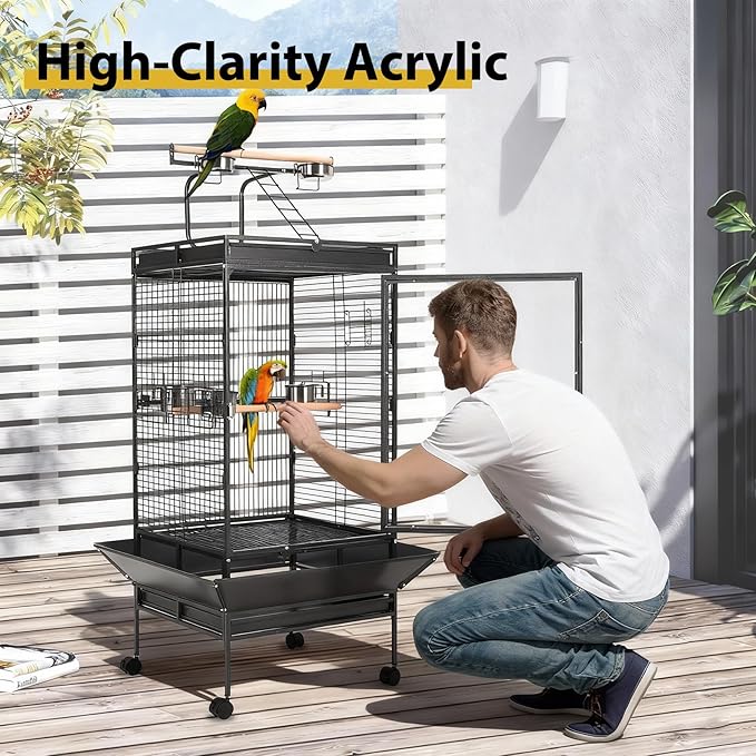 Large Metal Parrot Cage for Birds, Heavy-Duty Aviary with Acrylic Door, Perches, Stainless Steel Bowls & 360° Wheels, Secure 64.4" Tall Pet Bird Cage for Macaws Cockatoos African Greys