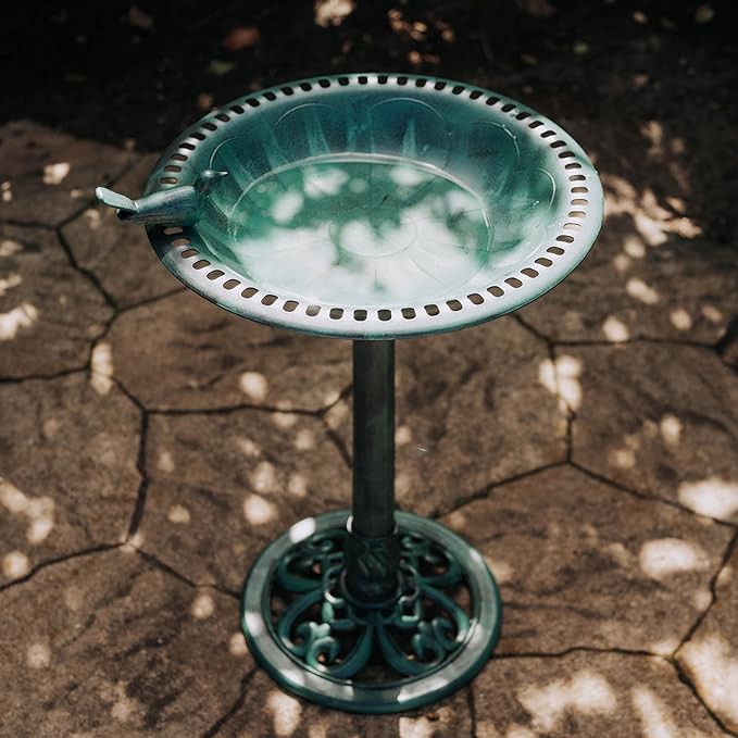 Backyard Expressions Outdoor Garden Bird Bath with Bird - Green - Weather Resistant Polyresin - 30 Inch -