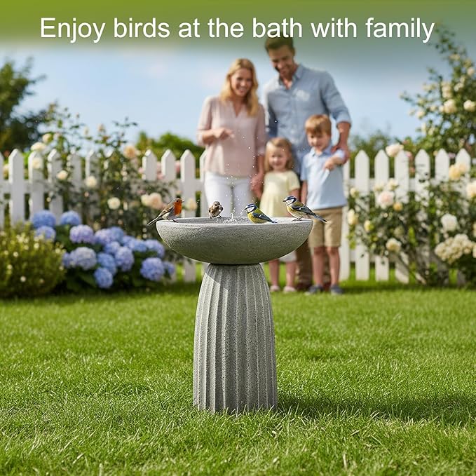 SKYFIRE 24.4" Pedestal Bird Bath for Outdoor, Geometric Fluted Concrete Birdbath with Tree Trunk Decor, Durable Fibre Reinforced Birdbath for Garden, Patio, Lawn & Backyard