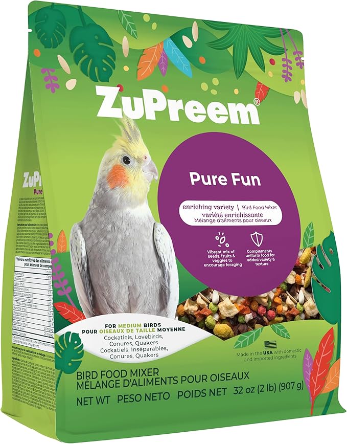 ZuPreem Pure Fun Bird Food, Cockatiel, Lovebird, Quaker, Small Conure, Lorikeet, Bird Seed and Pellets Blend for Medium Birds, ZuPreemEnriching Variety, Made in USA, Cockatiel Food, (Medium, 2 lb bag)