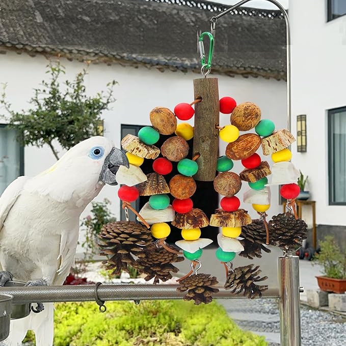 MQUPIN Parrot Toys, Nuts Nutrient-Rich Bird Toys,Natural Wooden Parrot Cage Bite Toy,Chewing Toy Containing Cuttlefish Bones,Pine Cones,Wooden Mangoes and Carambola for African Greys,Cockatoo,Budgie