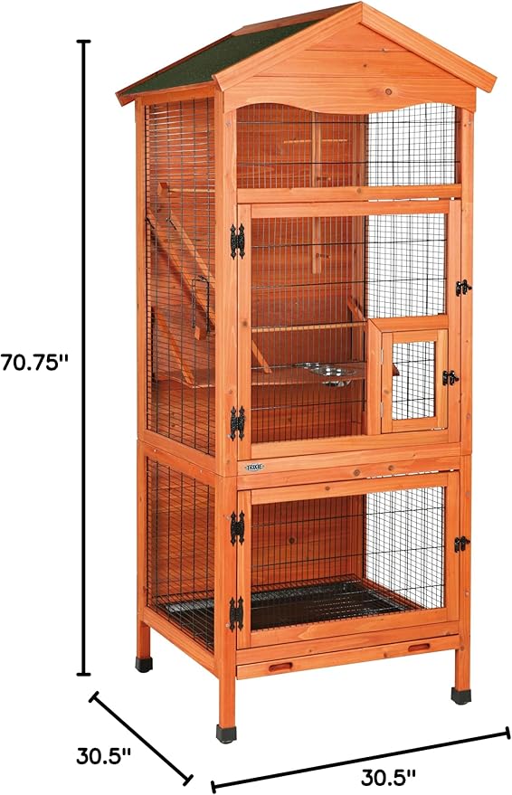 Trixie Outdoor Bird Aviary, 71-in Wooden Birdcage, 2 Perches, Ideal for Small Birds, Finches, Brown, (55951)