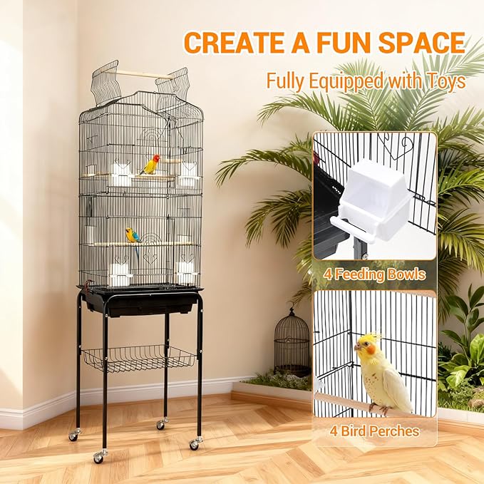 Garvee Open Top Large Parrot Bird Cage, Hanging Bird Cage with Detachable Rolling Stand and Storage Shelf, Playtop Parrot Cages Heavy-Duty Pet Birds House for Cockatiel Black