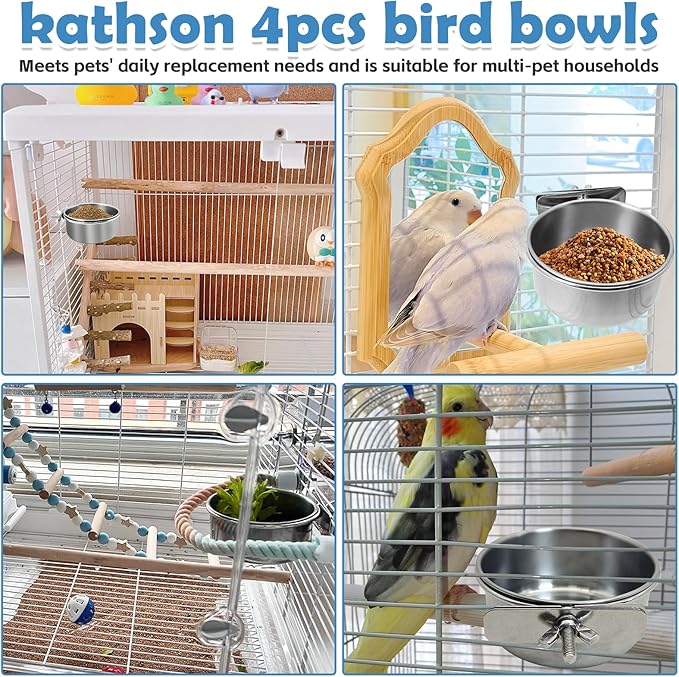kathson 4 Pack Stainless Steel Bird Bowls, Parrot Feeding Dish Cups with Clamp Holder Bird Feeders Water Cage Bowl for Parakeet Cockatiels Conure Budgies Lovebird Finch and Small Animals
