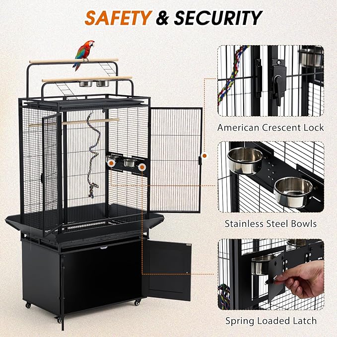 AVAWING 70-Inch Bird Cage with Play Top & Storage Cabinet, Tall Big Bird Flight Cage with Pull-Out Tray, Feeders, Cover, Stand, Rope, Metal Bird Aviary for Macaw Parakeet Cockatiel Budgie, Black