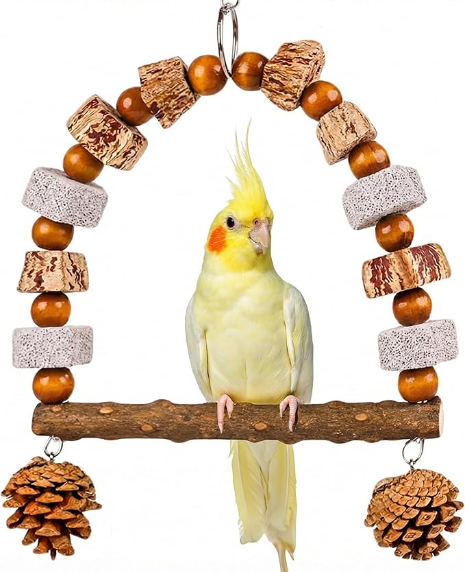 Natural Wood Bird Swing Toy for Parakeets Cockatiels, Parrot Hanging Perch with Chewing Pine Cones & Beak Grinding Pumice Stone, Bird Cage Accessories for Conure Lovebirds Budgies - Boredom Relief